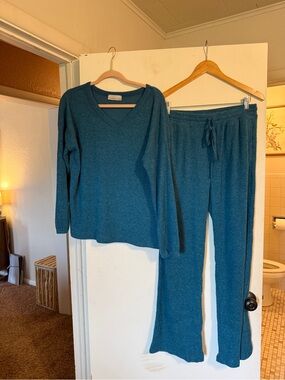 Zenana Teal Knit Lounge Set - V-Neck Sweater & Drawstring Pants